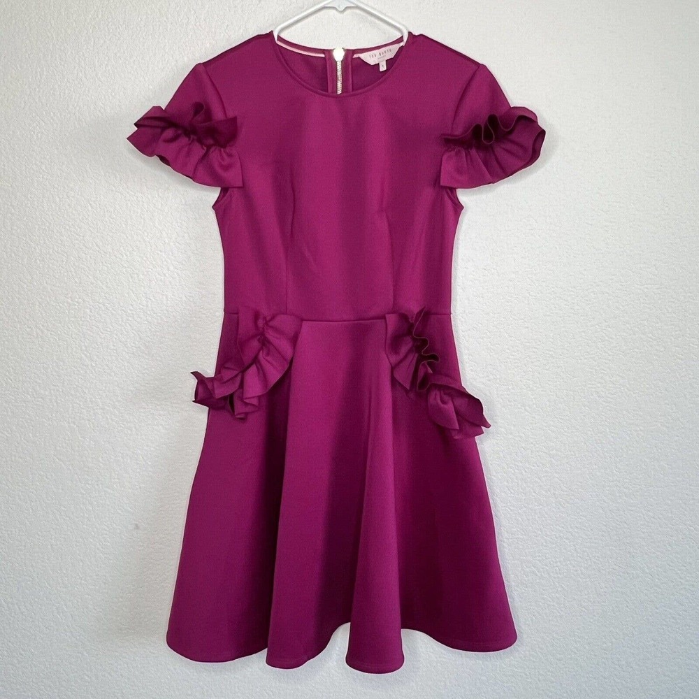 Ted Baker Luuciee Fit Flare Ruffle Scuba Dress Barbiecore Valentines Size 1 XS - Picture 5 of 12
